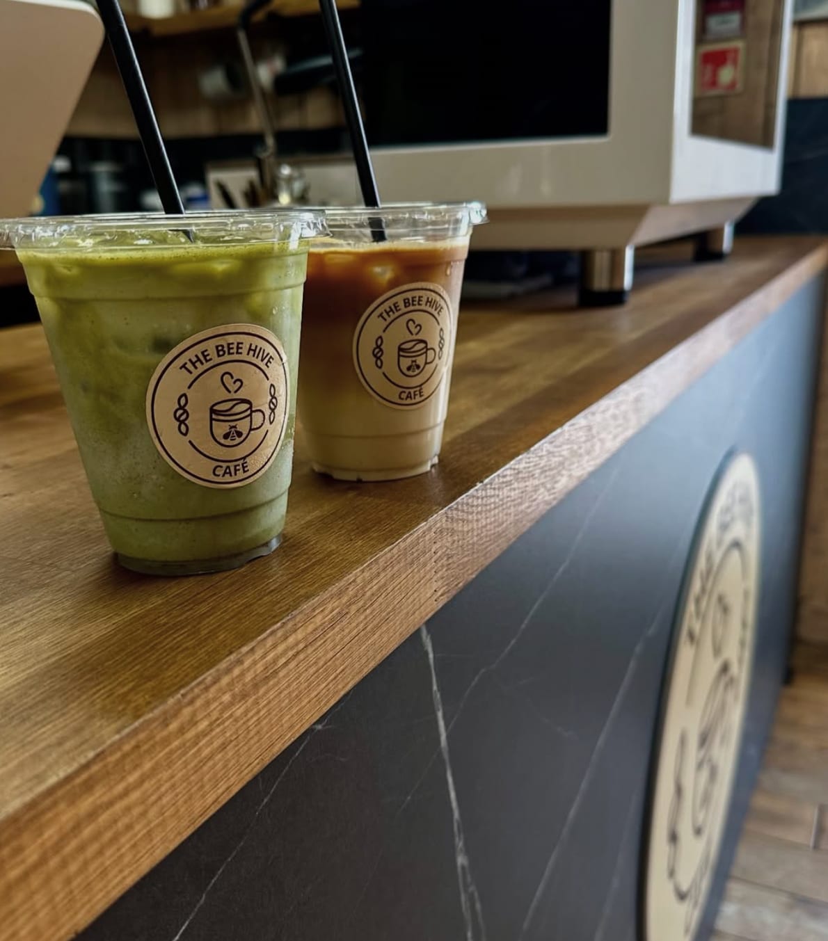 Two iced drinks at The Bee Hive Cafe