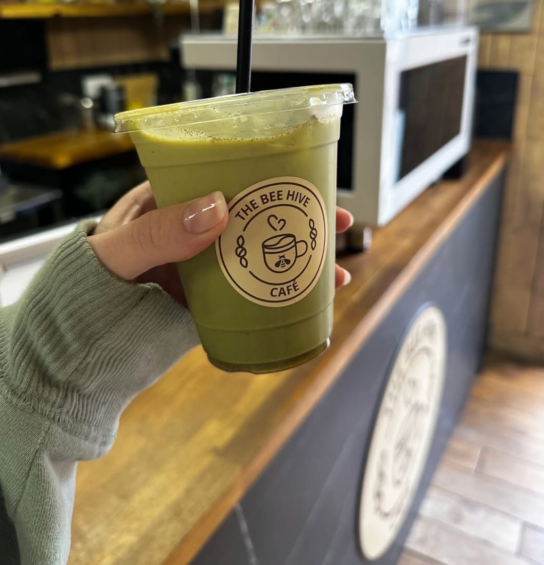 Iced matcha latte at The Bee Hive Cafe