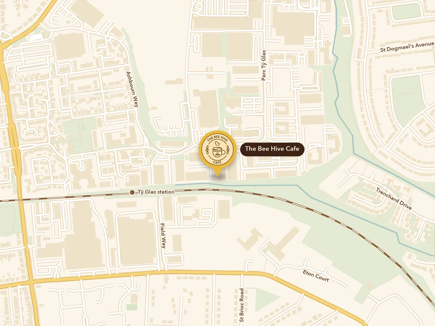 Map showing The Bee Hive Cafe on Cheviot Close, Llanishen, Cardiff, with Ty Glas station nearby. Opens Google Maps.